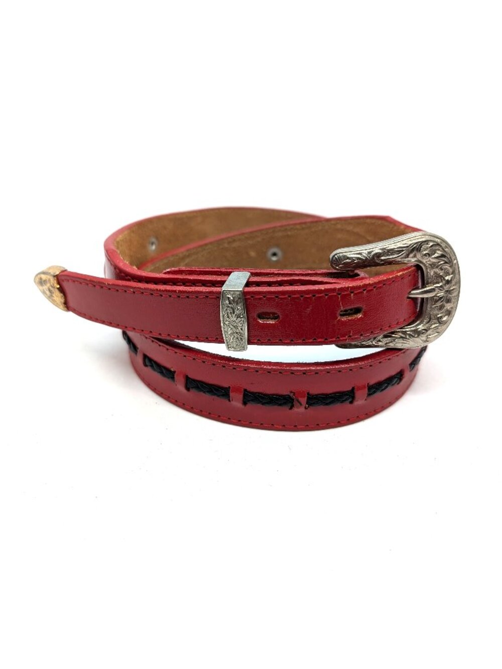 VTG Dundee Skinny Red Western Leather Belt Womens Size 30 Medium Concho Braid